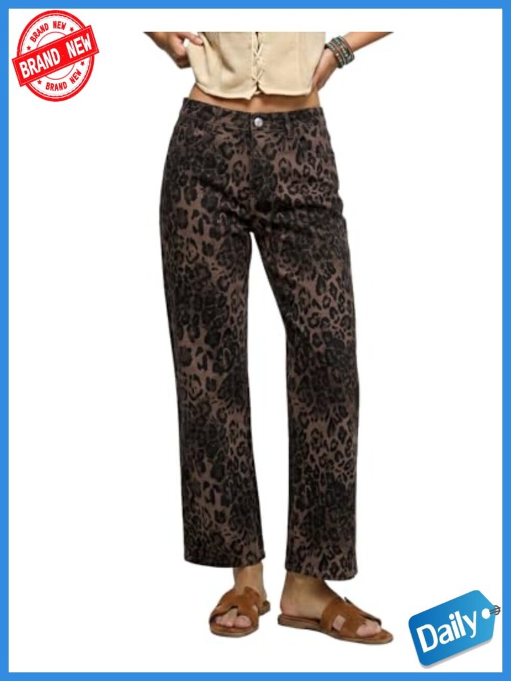 High Waisted Wide Leg Jeans Leopard Print Stretchy Denim Pants with Pockets